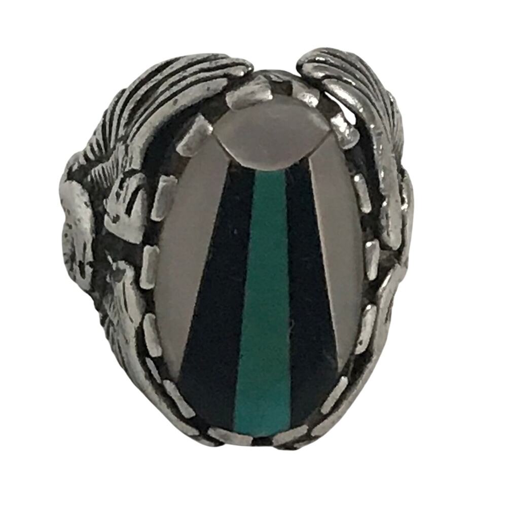 Vintage Zuni Multi Stone Inlaid Sunrise Eagle Wings Biker Silver Ring Size 10